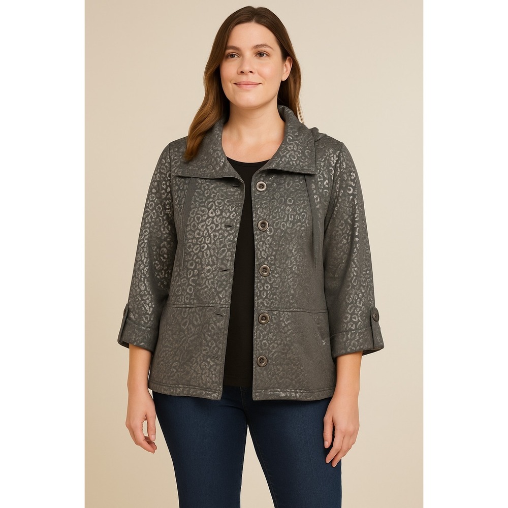 Ruby Rd. Metallic Leopard Print Button Front Jacket‎ M Gray Silver Animal...